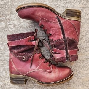 Dromedaris Kara Print Burgundy Leather Lace Up Boho Boots EU 39, US 8.5